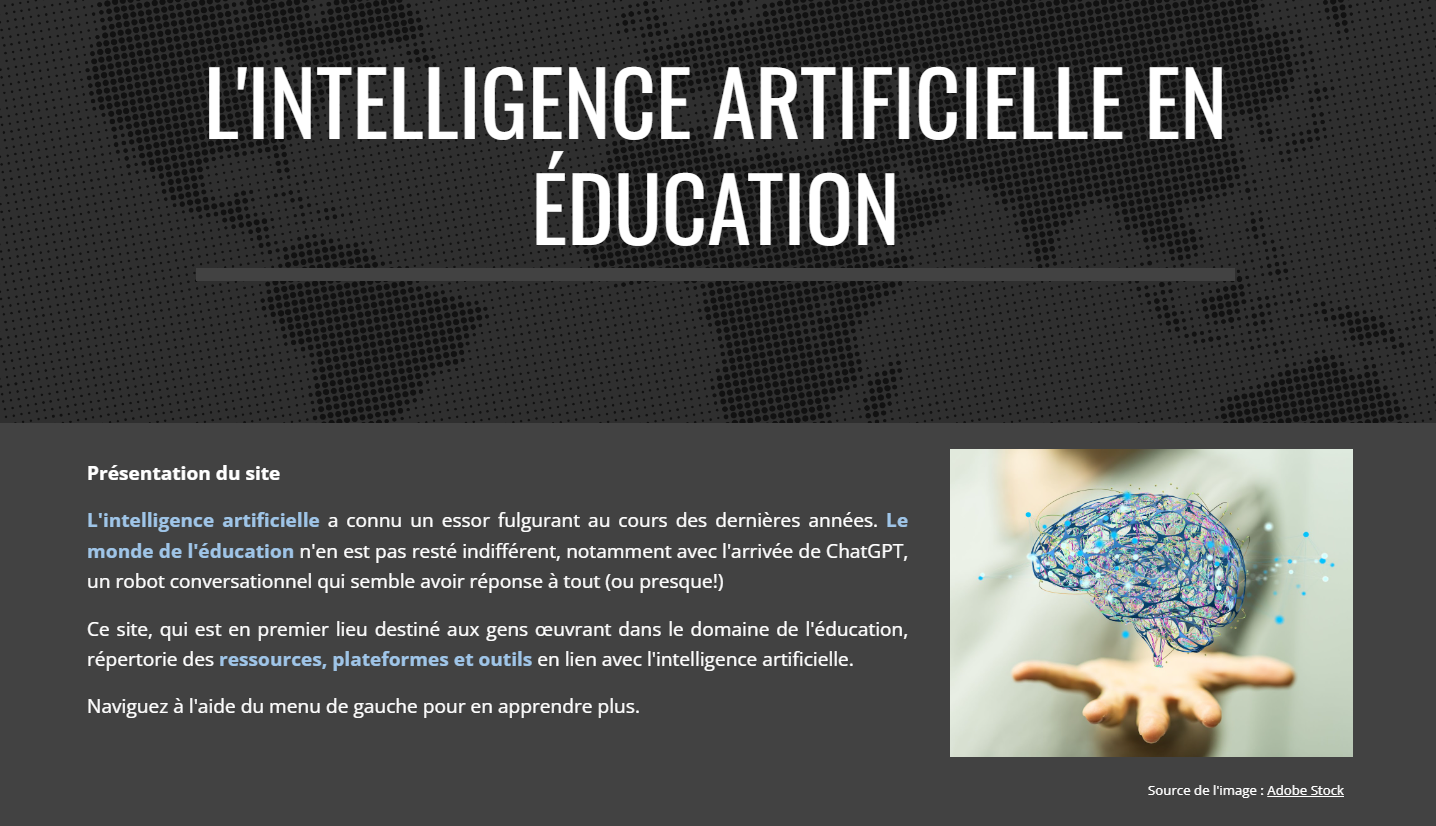 Capture d'écran du site L'intelligence artificielle en éducation